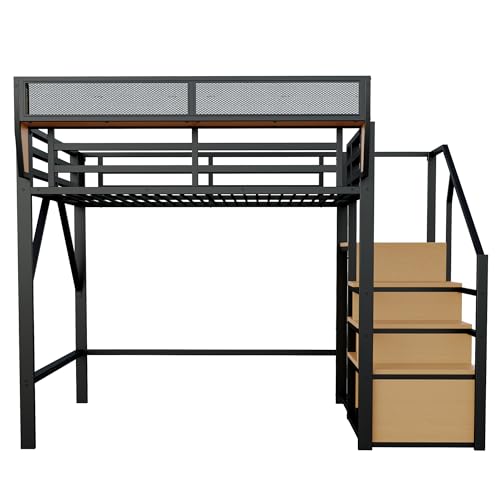 Moimhear Cama alta con escalera de seguridad y compartimento de almacenamiento flexible, cama de metal para adultos, cama para niños, litera (negro, 140 x 200 cm)