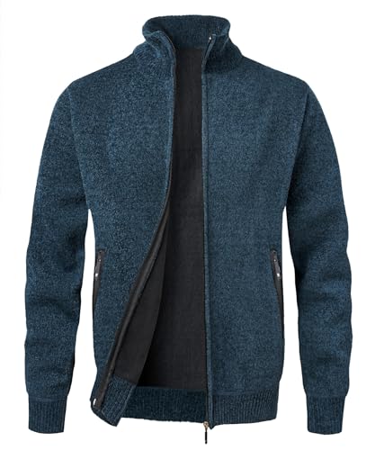 MeiLayM Mens Casual Knitted Cardigan Thick Sweater Full Zip Stand Collar Warm Jumper Winter Coat Cardigans Jumpers Long Sleeve Chunky Sweater Blue