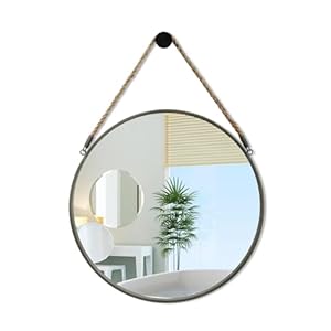 Round Mirror, Rope Hanging Mirror, 15 Inch Farmhouse Circle Wall Mirror for Bathroom Bedroom Living Room Entryway Home Decor, Grey