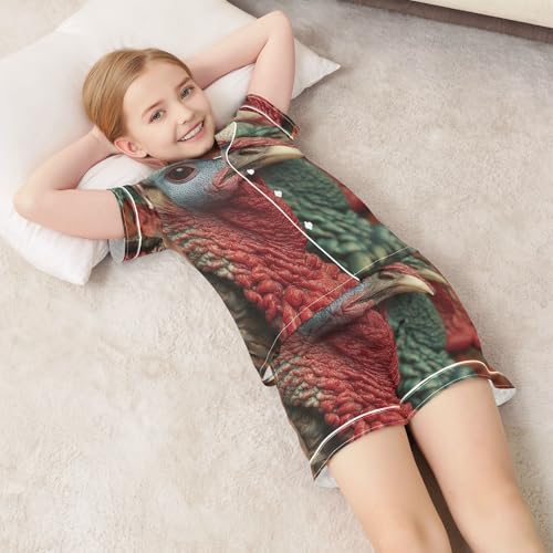 Satin Pajama Sets Short Sleeve Turkey Head Button Down Silky Nightwear 2 Piece PJS 5-14Y 7