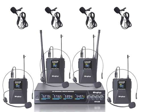 Wireless Microphones System with UHF Headset/Lavalier Lapel Mics, Bodypack Transmitter, 4 x 50 Channels, 164ft Range for Church Conference Performance Singing Karaoke PA Speaker Mixer