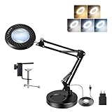 Akynite 12x Lupe mit Licht und Ständer, 2A Adapter enthalten, 5 Farben 9 Helligkeite 2-in-1 Schreibtisch Gelenkarmlampe, LED Lupe mit Licht für Handwerk Hobby Malerei Stickerei, 1 set