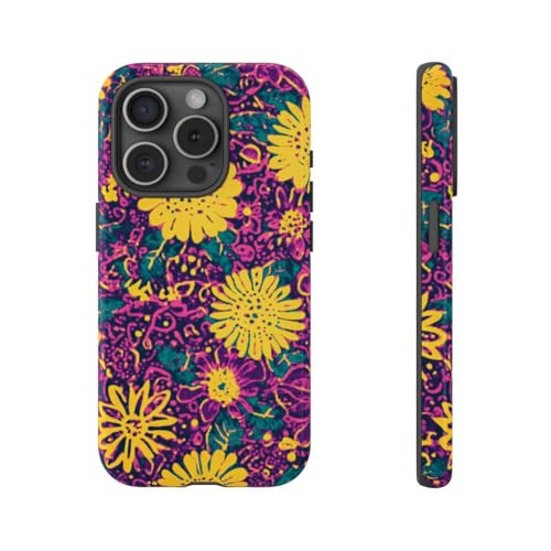 Coque rigide brillante iPhone 15 Pro motif floral jaune violet protection dos