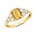MAX + STONE Solid 10K Yellow Gold Ring for Women with Emerald Cut Yellow Citrine Gemstone and Created White Sapphire Accents | November Birthstone Rings | Real Citrine Anniversary Ring Size 6