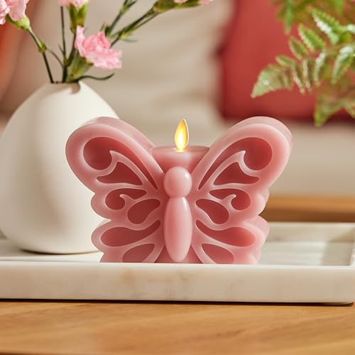 Image of Luminara - Flameless Flickering Moving Flame Nature-Inspired Battery Operated LED Decor - Spring Summer Collection - Blooming Mauve Butterfly Garden Candle - 6.6 inch x 4.3 inch
