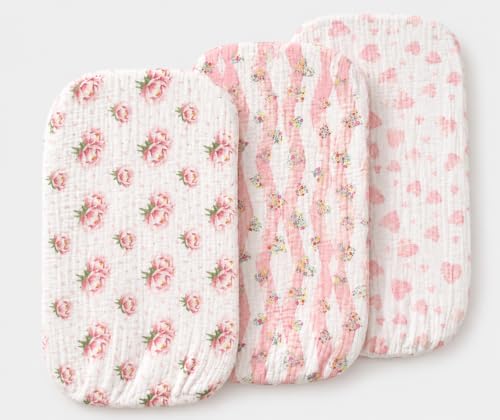 Image of Bublo Baby Muslin Bassinet Sheets, 3-Pack 100% Cotton Fitted Bassinet Mattress Sheets, Mauve Pink, Universal Fit 33x17x4