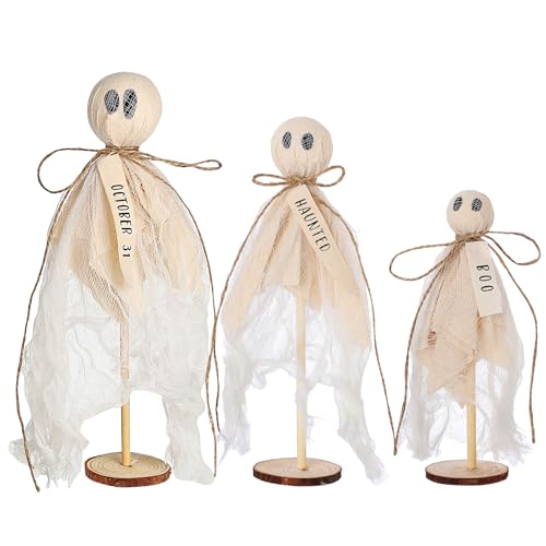 AMDBHC Halloween Decorations Indoor - 3 Set of Primitive Halloween Ghosts on Wooden Stand Spooky Halloween Ghosts Decor for Table Centerpieces Tiered Trays Shelves Mantels Home Halloween Décor