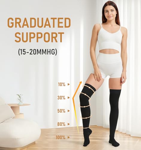 Image of NURCOM 15-20 mmHg Medical Compression Stockings with Dot Silicone Band, Closed Toe Thigh High Compression Socks for Women and Men, Graduated Support Stockings for Varicose Veins, DVT, Black, X-Large