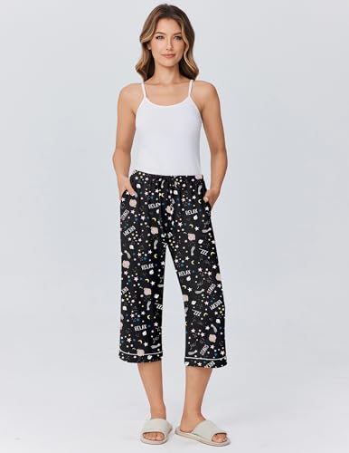 Image of Ekouaer Womens Pajamas Pants Capri Pj Bottoms with Pockets Sleep Pants | Comfy Drawstring Printed Soft Lounge Pants for Home, Daliy Wear