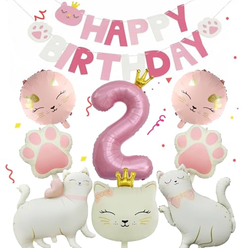 Lot de 9 ballons décoratifs d'anniversaire en forme de chat, à l'hélium, pour décoration d'anniversaire de 2 ans, pour fille, chat, décoration de fête, pour anniversaire, fête prénatale