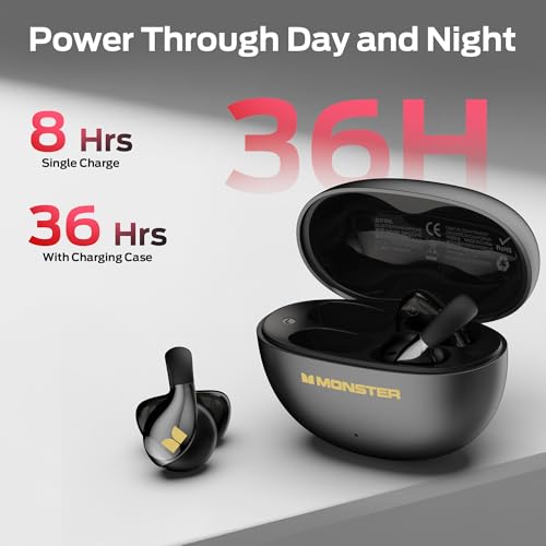 Image of Monster AC225 Open Ear Earbuds, Stereo Sound, Bluetooth 6.0 Open Ear Headphones, Lightweight Comfort Clip-On Earbuds with ENC Mic for Clear Calls, 36H Playtime, Touch Control, IPX6 Waterproof, Black