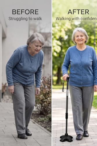 Image of Amazon Brand - Solimo Premium Walking Stick with Self Standing Base | Adjustable Height Lightweight | Ergonomic Grip Walking Cane for Men & Women | Leg Support for Elderly, Patients & Disabled