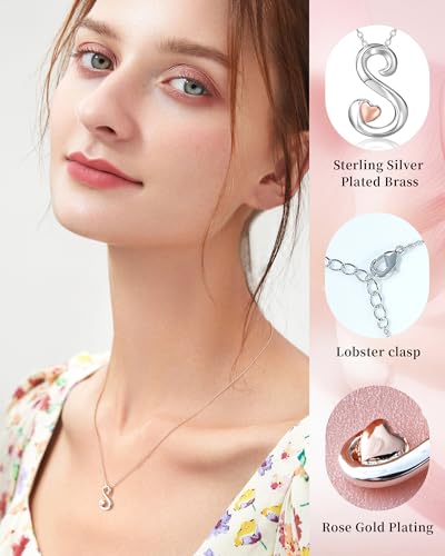 Mesovor Silver Initial Necklace for Women, Sterling Silver Plated Jewelry | Classic Letter Name Pendant Necklace with Rose Gold Heart, Gifts for family Mother Sister Wife, 20 Inch Chain - Image 4