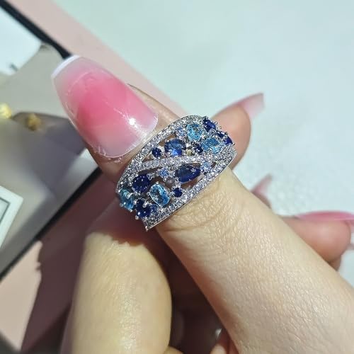 Shinning Crystal Inlaid Eternal Band Statement Ring Blue Zircon Halo Hollow Ring Colorful Gemstone Wedding Dinner Party Jewelry for Women(7)3