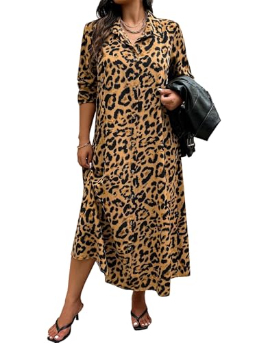 SweatyRocks Winterkleid Damen Große Größe Kleid Langarm Blusenkleid Leo Maxikleid Herbstmode Herbstkleid Mit Leo Print Damenkleider Leoparden 3XL