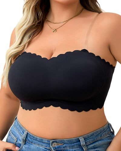 Image of Strapless Wireless Bra for Women Scalloped Full Coverage Bandeau Comfortable Everyday Non-Wired Bra for Large Busts