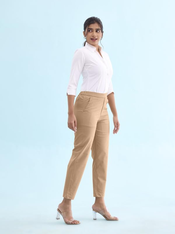 Image of GO COLORS Solid Tapered Fit Chino Pants for Women |Mid Rise, Side Pocket