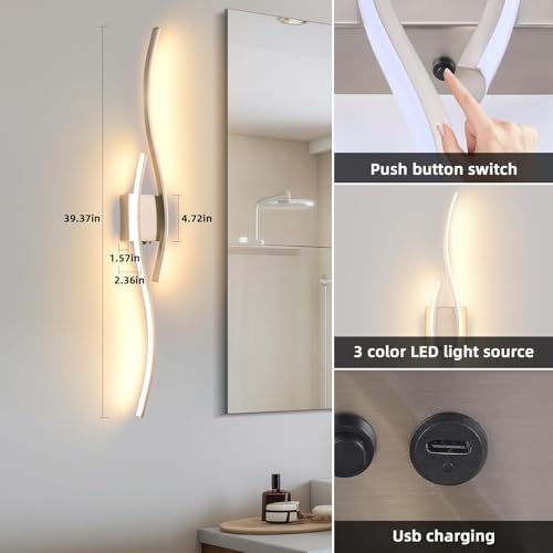 Image of Battery Powered Silver Wall Sconces Set of 2, Brushed Nickel 39.4 inch LED Dimmable Wall Sconce with Remote Control /Timer /Memory, USB Rechargeable Wall Lights for Living Room Bedroom Hallway