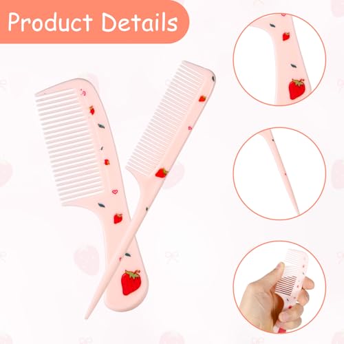 Conjunto de 2 peças de pente de cabelo fofo, pente de morango rosa pente de dente fino e pente de ca