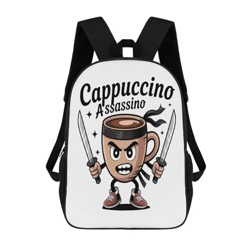 Capuccino-Assassino Merch 17 Inch Shoulder Backpack Italian-Brainrot Meme Water Resistant Lightweight Daypack