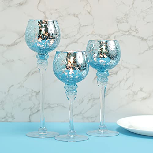 Hosley ® Elevate Ambiance With Set Of 3 Crackle Blue Glass Tealight Holders 12 Inch thumb #1