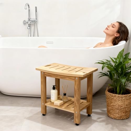 RICNOD HDPE Shower Bench Seat, Shower Benches for Inside Shower, Bath Spa Shower Foot Stool for Shaving Legs, with Storage Shelf Shower & Head Holder, (Teak) 18.5\" D x 12.2\" W x 17\" H - Thumbnail 3