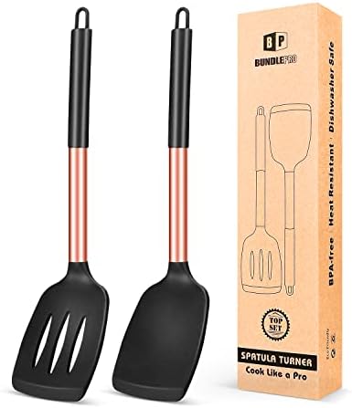 Pack of 2 Silicone Solid Turner ,Non Stick Slotted Kitchen Spatulas ,High Heat Resistant BPA Free Cooking Utensils ,Ideal Cookware for Fish ,Eggs ,Pancakes (Rose Gold -Black)