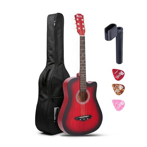 Image of Revel 38 Inches Cutaway Design Acoustic Guitar with Carry bag and Plectrums. Great tone and Beginner /Learners standard size configuration for all age groups (Red)