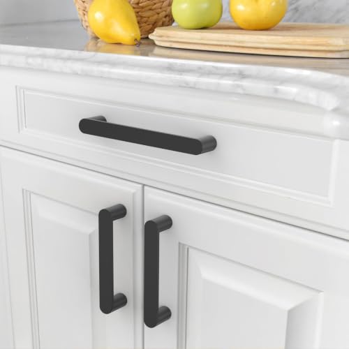 Image of Asidrama 5 Pack 5 Inch(128mm) Matte Black Cabinet Pulls Heavy-Duty Solid Kitchen Cabinet Handles Black Drawer Hardware for Bathrooms Cabinets