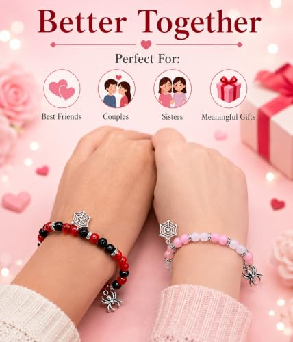 Image of Spider-Man Inspired Couple Bracelets 2pcs - Magnetic Attraction Heart Charm, Glass Beads, Spider Pendant, Marvel Theme Party Accessory, Valentine's Day Gift, Suitable for All Seasons