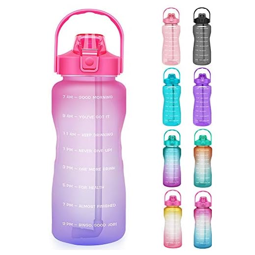 Opard 2 liter vattenflaska med tidmarkör halv gallon motiverande vattenflaska med sugrör och handtag stor BPA-fri vattenkanna för sport gym fitness (röd och lila)