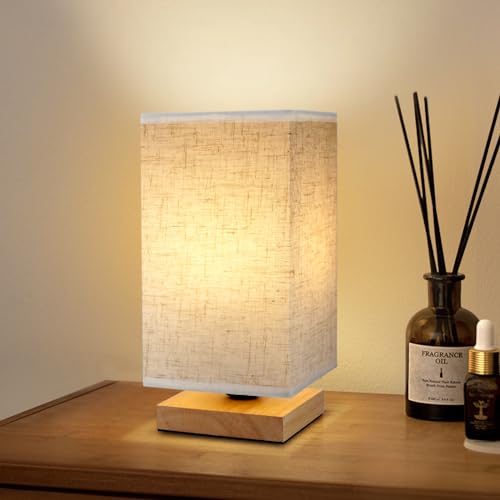 Image of Small Square Bedside Table Lamp for Bedroom, Minimalist Wood Base & Round Fabric Shade, Mini Cute Cozy Warm Nightstand Boho Lamp, Study Desk Night Stand Light for Room, Dorm, Nursery, Living Room