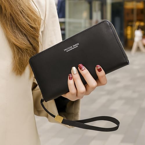 Women Wallet Leather Zip Around Phone Clutch Large Capacity Ladies Travel Purse Wristlet (Black)4