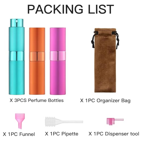 Image of Toureal Travel Perfume Atomiser Refillable, 8ml Atomiser Spray Bottle, 3Pcs | Empty aftershave dispener, twist up cologne decanter, for fragrance,mini pocket size, portable, leak-proof, for men & women