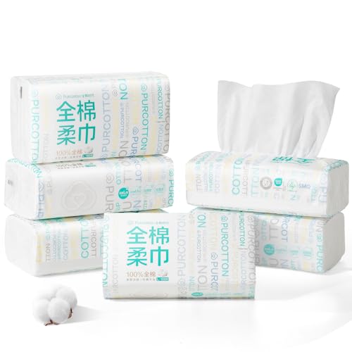 Purcotton Disposable Face Towel, 100% Cotton Dry Wipes, Biodegradable and Unscented Cotton Tissue, 600 Ct Face Cloths for Makeup Removing, Skin Care, Traveling, 20 x 20 cm
