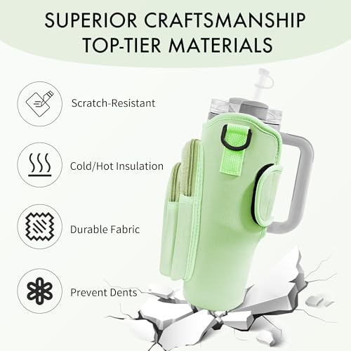 Image of Water Bottle Carrier Bag with Phone Pocket for Stanley Cup 40 /30 oz, Water Bottle Holder with Adjustable Strap& Straw Cover, Stanley Cup Accessories (Mint Green)