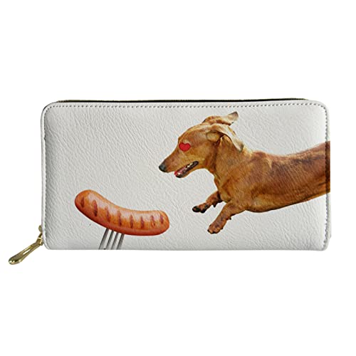 HUGS IDEA PU Leather Long Wallet with Dachshund Sausage Dog Funny Hot Dog, Durable Purse for Outdoor Shopping Travel Dating