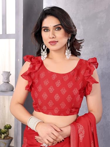 Image of Amazon Brand - Tavasya Womens Blocked Printed Daily Wear Chiffon Georgette Saree With Blouse With Blouse