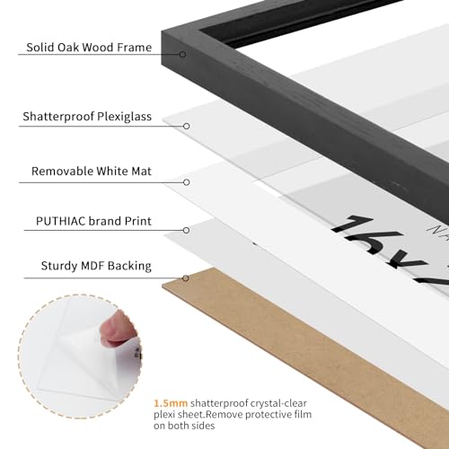 puthiac 16x20 Black Picture Frames for Wall - Minimalist 16x20 Oak Wood Frames, 16"x20" Picture Frame Wood, Natural Solid Wooden Picture Frames for Wall Art Photo and Prints (3 Pack, Black)