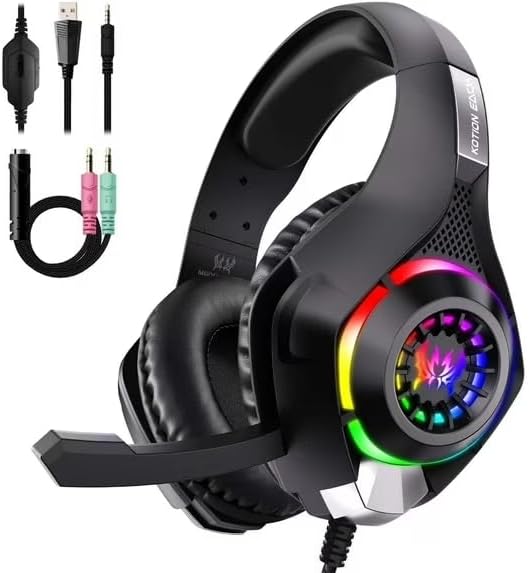 Gaming Headsets Wired for with RGB Light, Noise Canceling Mic,Surround Sound,Over Ear Muffs Gaming Headphones,Black