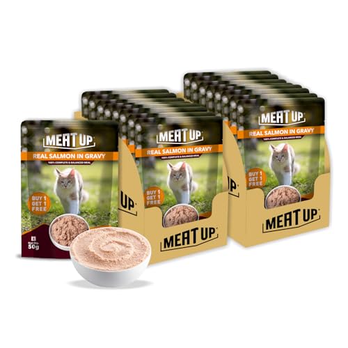Image of Meat Up Adult Wet Cat Food 16 Pouches x 50g, Total 800g | Real Salmon Fish in Gravy | Supports Heart & Vision Health | Strong Bones & Teeth | Natural Flavours | Organic Minerals & Vitamins