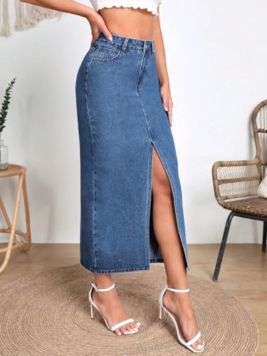 Image of Shasmi Women's Elegant Blue Solid High Waist Split Thigh Denim Maxi Skirt for Women's & Girl's (Skirt 180)