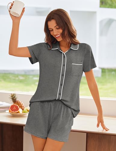 Image of Ekouaer Womens Pajama Sets Button Down Lounge Set 2 Piece Loungewear Soft Sleepwear Short Sleeve Pjs with Pockets