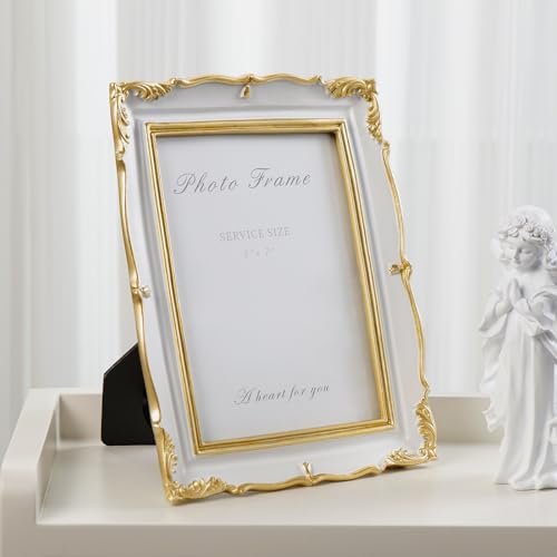 Vintage Picture Frame 5x7 Gold Frames, Ornate White and Gold Textured Hand-Crafted Resin Frame with Glass Front, 5 by 7 Antique Photo Frames for Tabletop Display