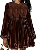 Huaqiao Womens A-Line Velvet Lace Overall Pleated Babydoll Mini Dress Casual Scallop Neck Flared Swing Dress(Brown-XL)