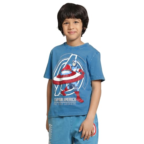 Image of Kidsville Captain America Printed Regular Fit Blue Cotton Boy's T-Shirt