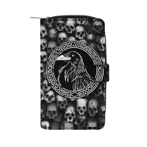 Viking Crow Norse Mythology Leather Wallets,Long Wallet Purse,Slim Thin Leather Bifold Card Holder Wallet,Adjustable Buckle,Multi Cards Case,Large Capacity