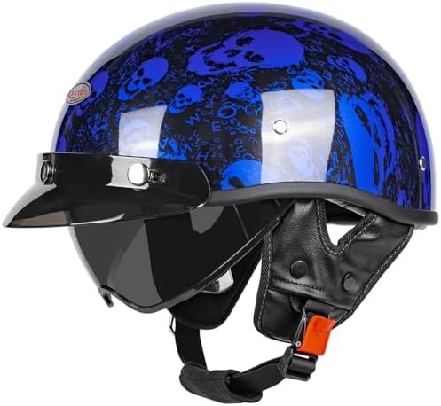 Quickool Retro Motorcycle Half Helmet with Retractable Sun Visor, DOT Certified Vintage Open Face Helmets for Men & Women for Cruiser Chopper Moped Scooter (Blue Skull,L)