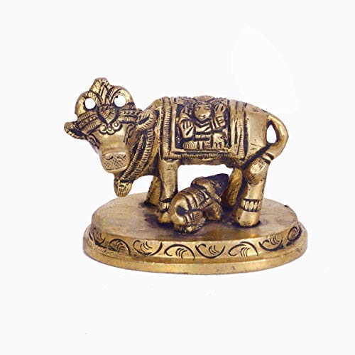 SataanReaper PresentsBrass Golden Finish Small Cow & Calf Statue Handmade Brass Kamdhenu Nandi Cow Sculpture Animal Showpiece Gifts(Size 2 X 2.5 Inches)#SR-0256