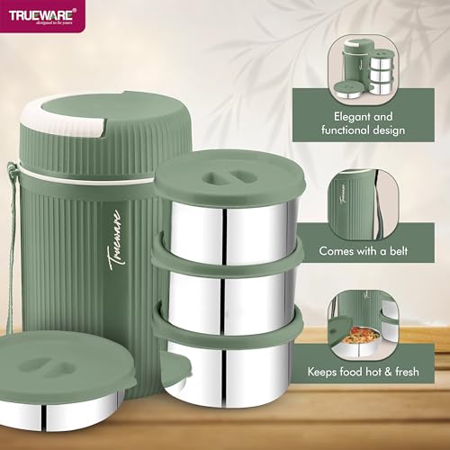 Image of Trueware Plastic Grub 4 Double Wall Insulated Hot Lunch Box with 3 Ss Container 300 Ml Each & 1 Ss Container 200Ml | Bpa Free | Food Grade | Hot and (LBI-GRB-004-Green BAZ)